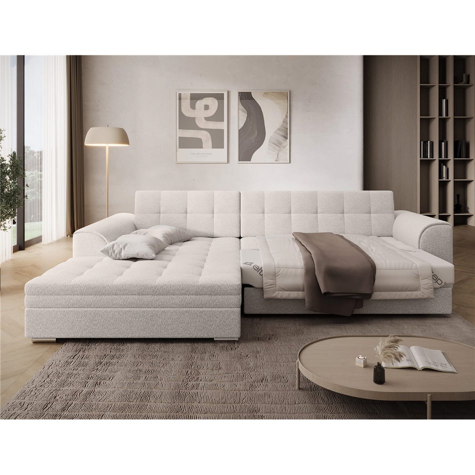 Corner sofa Erento L, sleeping function, Royal 01, boucle, white, H78x296x194cm