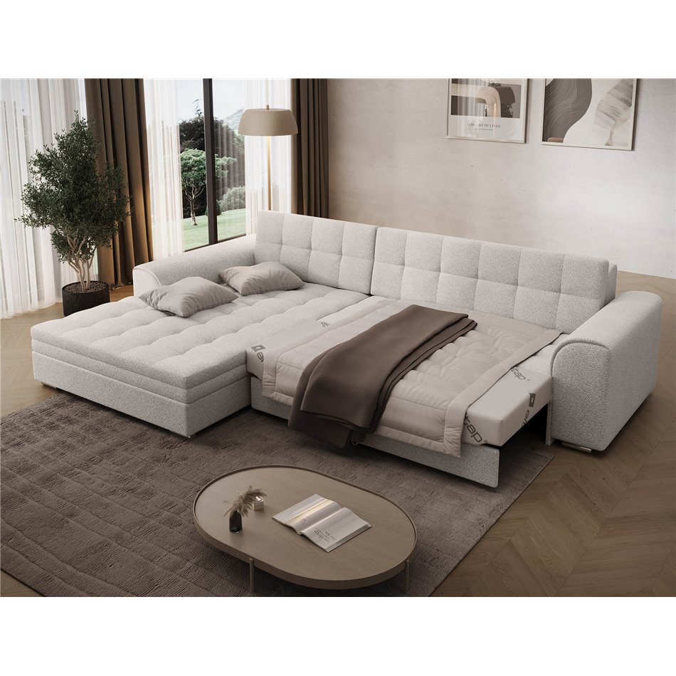 Corner sofa Erento L, sleeping function, Royal 01, boucle, white, H78x296x194cm