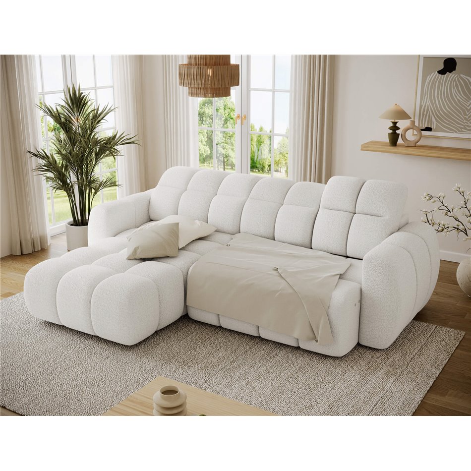 Corner sofa Efanito L, sleeping function, Royal 01, boucle, white, H105x288x200cm