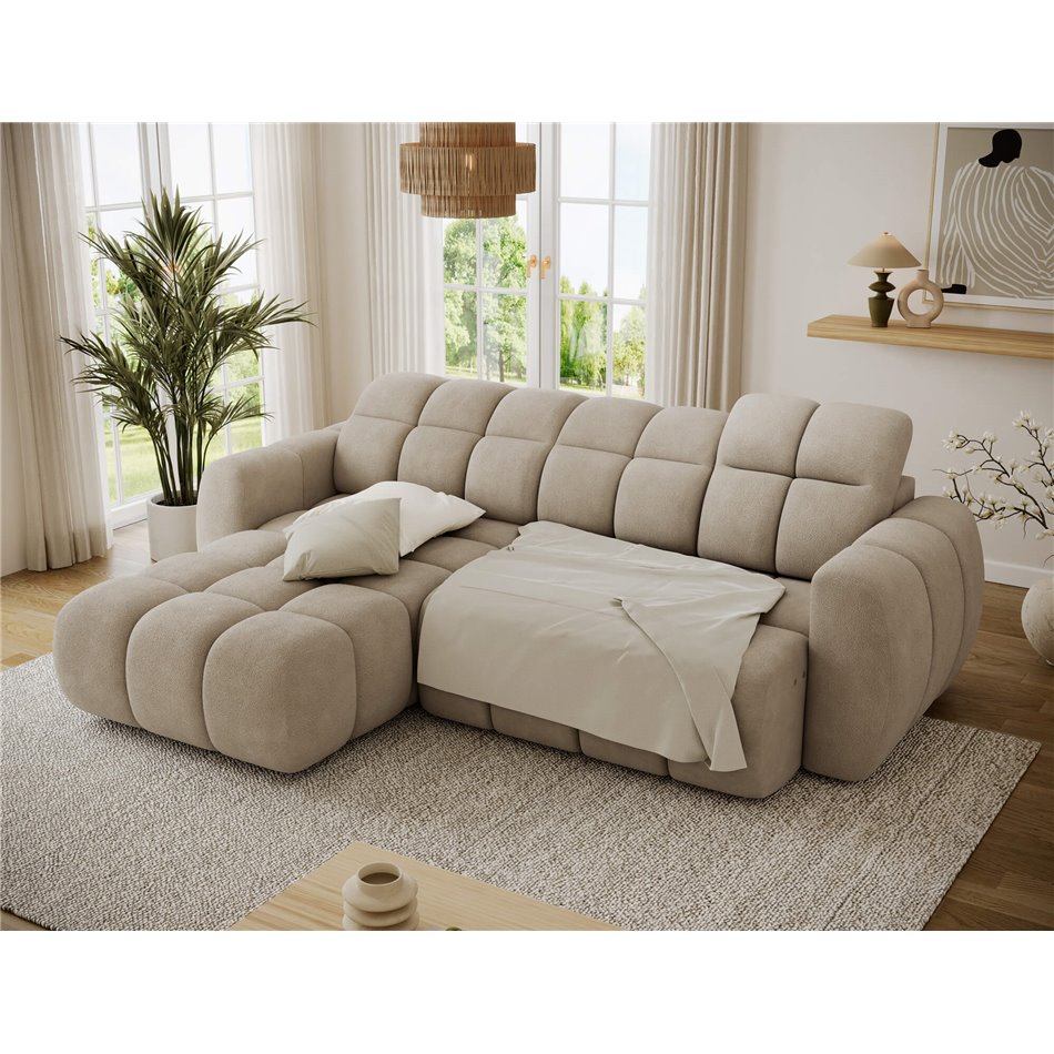 Corner sofa Efanito L, sleeping function, Amore 18, boucle, beige, H105x288x200cm