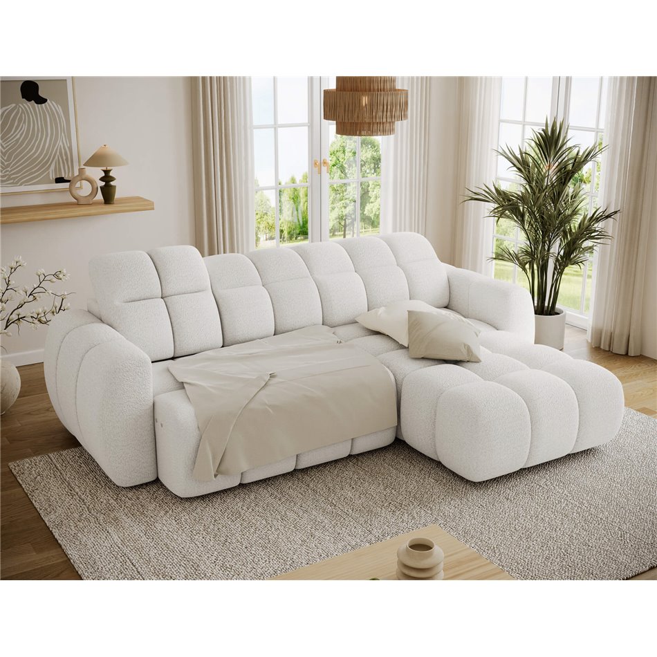 Corner sofa Efanito R, sleeping function, Royal 01, boucle, white, H105x288x200cm