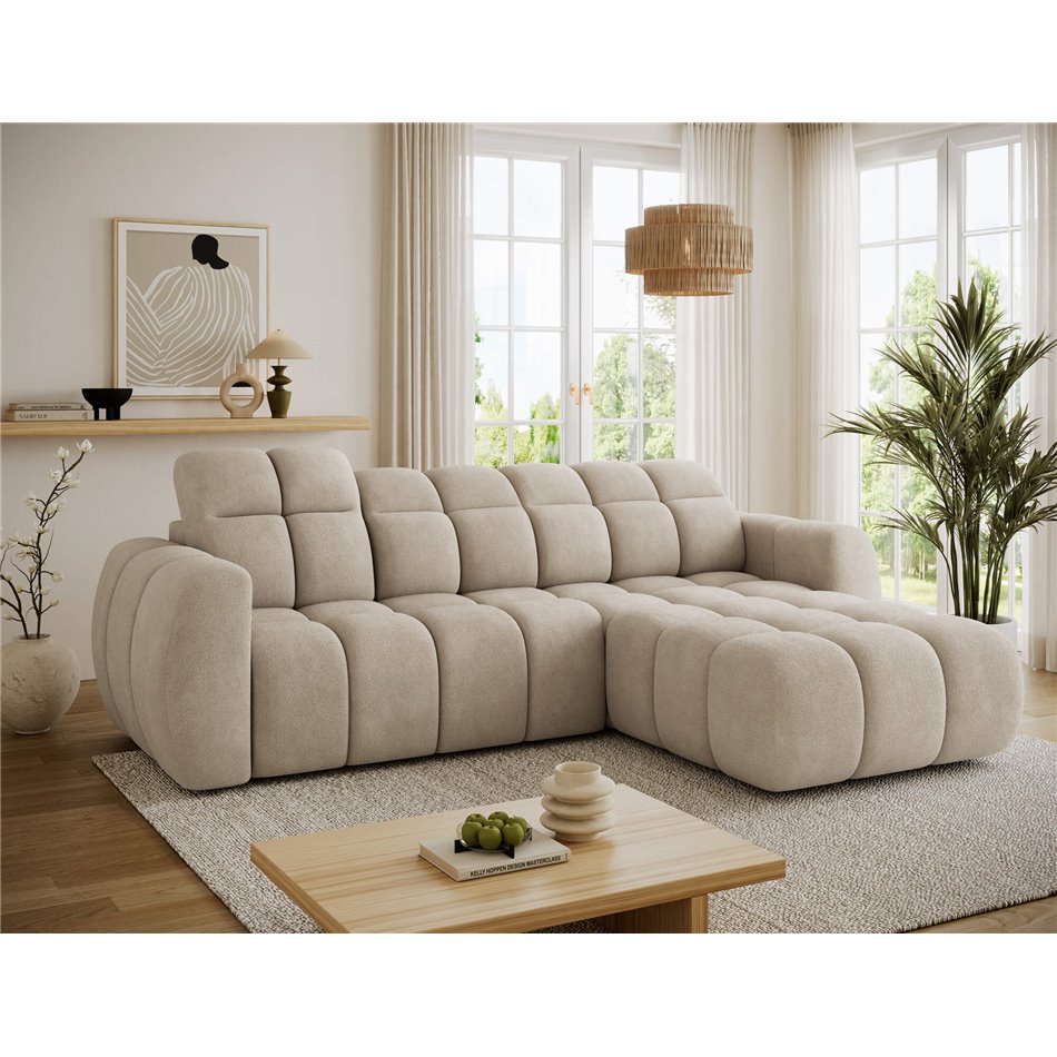 Corner sofa Efanito R, sleeping function, Amore 18, boucle, beige, H105x288x200cm