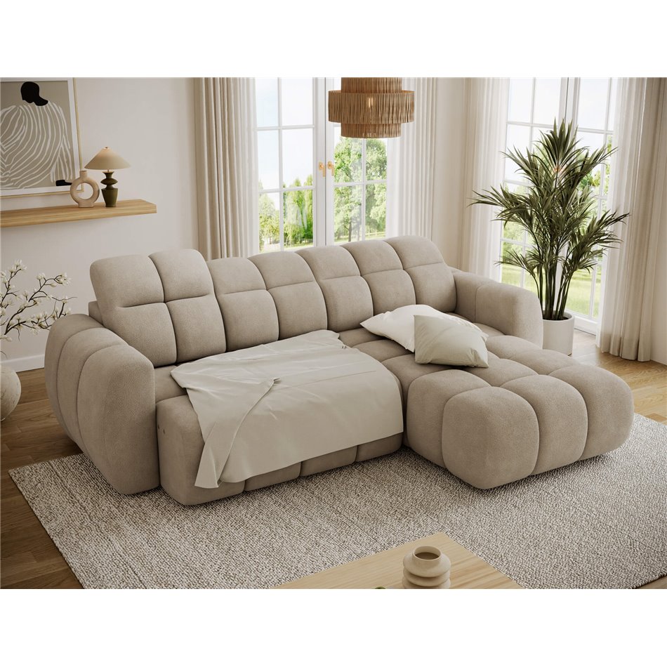 Corner sofa Efanito R, sleeping function, Amore 18, boucle, beige, H105x288x200cm