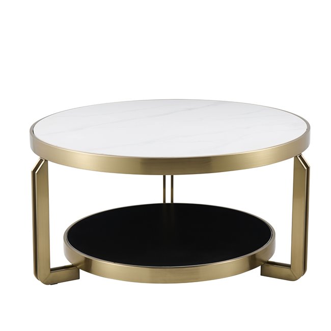 Coffee table Edingen ST, sintered stone/metal, champagne gold color/white/black, D90cm H45cm