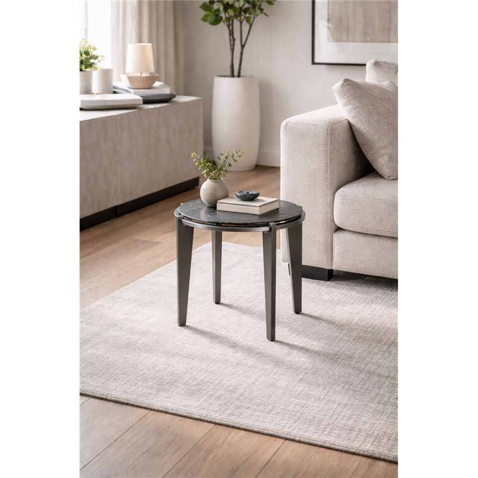 Side table Ebern ST, metal/glass, black, D56cm H50cm