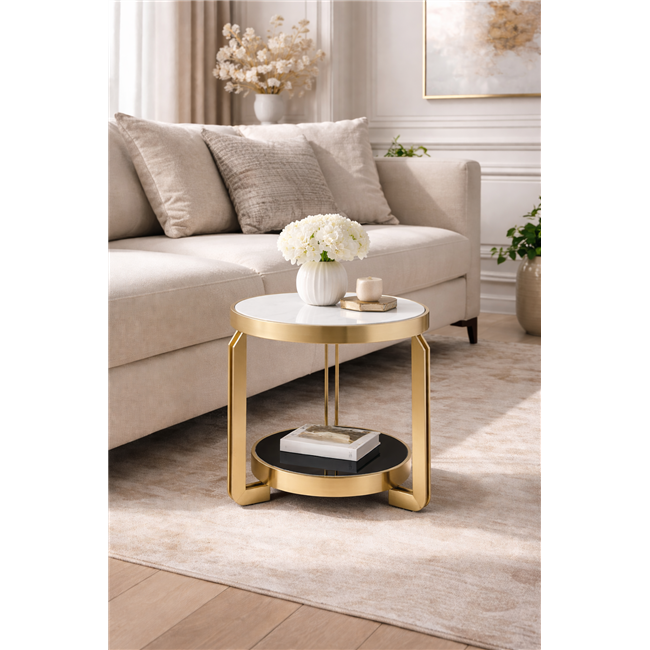 Side table Edingen ST, sintered stone/metal, champagne gold color/white/black, D55cm H55cm