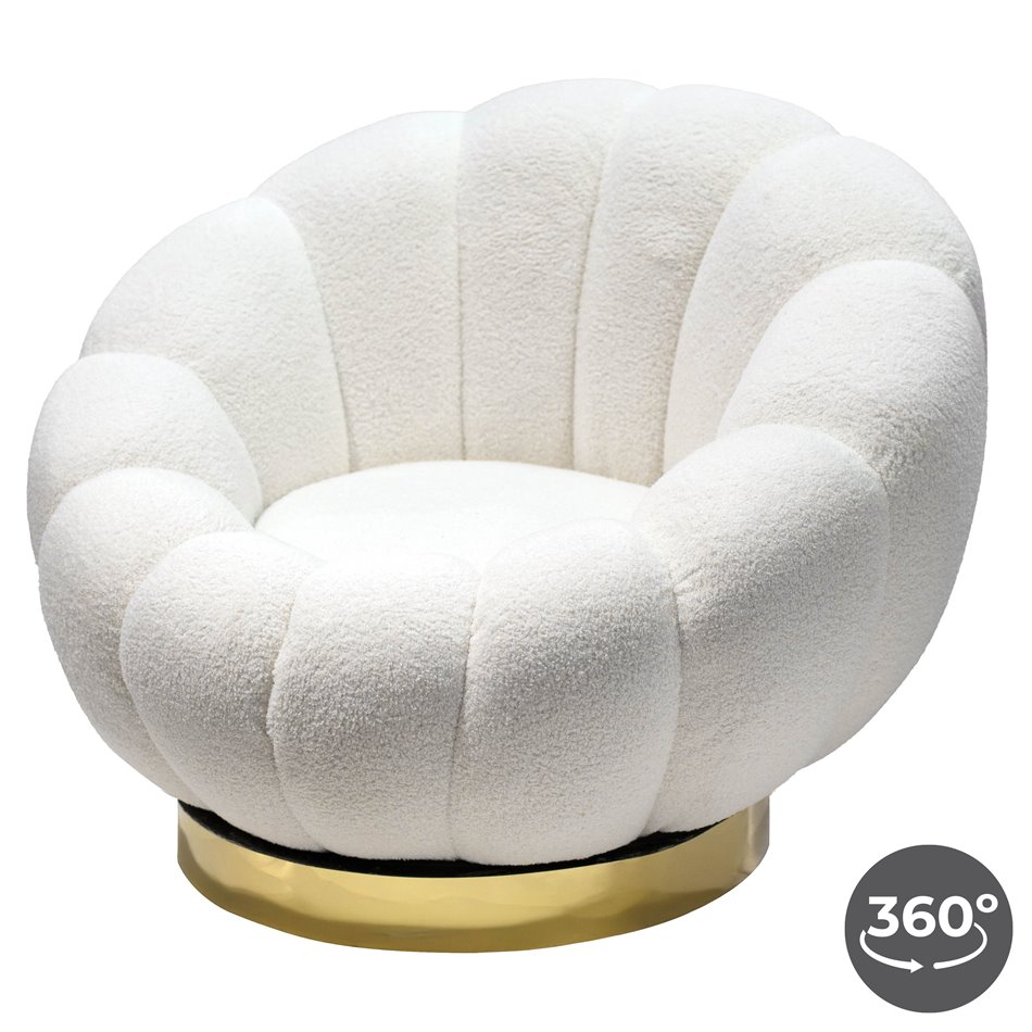Swivel leisure chair Valdo, white/gold color, rotatable 360 degrees, H75x101x99cm, seat height 40cm