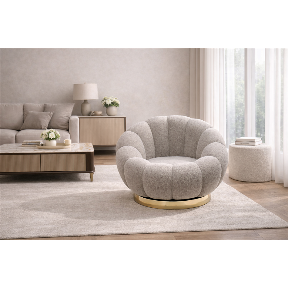 Swivel leisure chair Valdo, grey/gold color, rotatable 360 degrees, H75x101x99cm, seat height 40cm