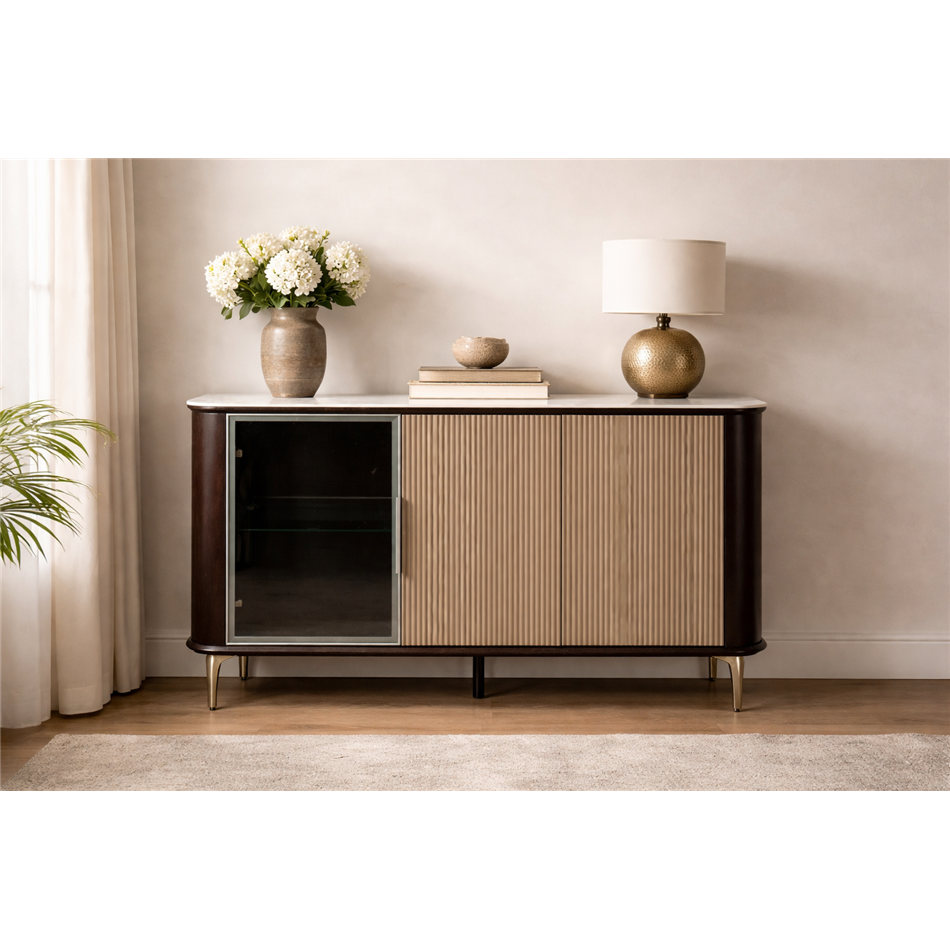 Sideboard Sarenno, sintered stone/ash veneer/MDF/metal/glass, H80x130x40cm