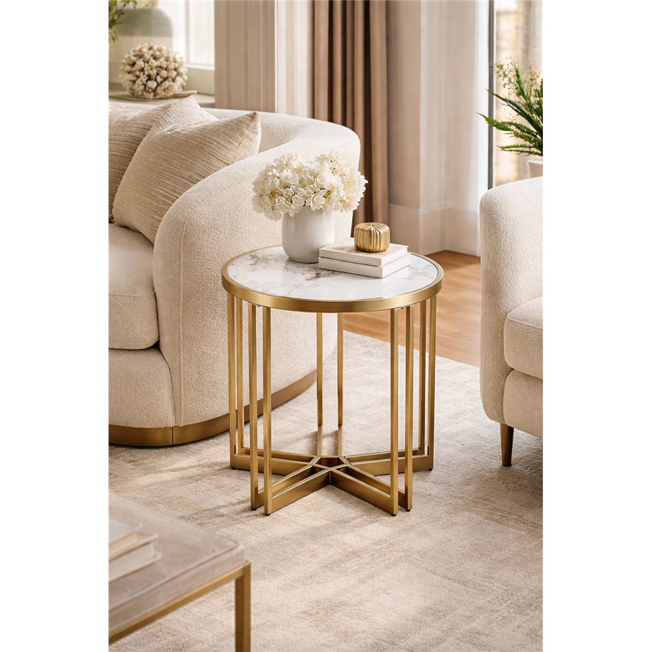 Side table Eferding ST, sintered stone/stainless steel, D55cm H55cm