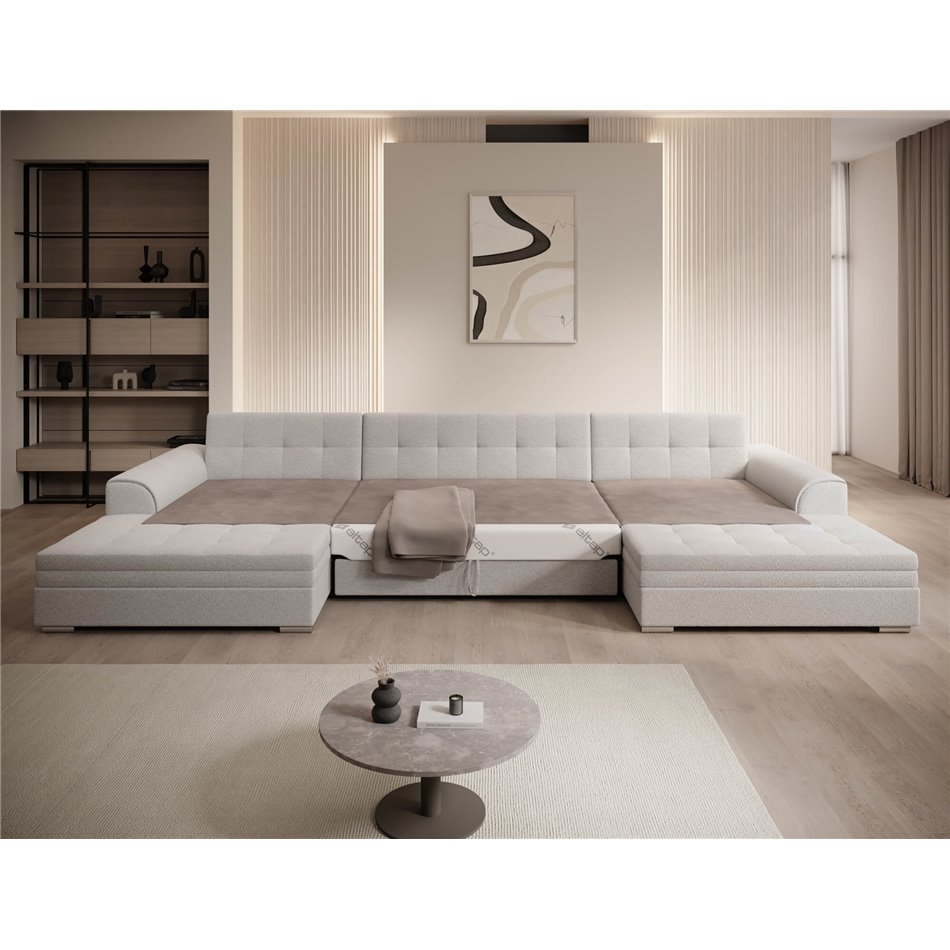 U-shaped sofa Evento Symmetrical, sleeping function, Royal 01, boucle, white, H78x359x165cm