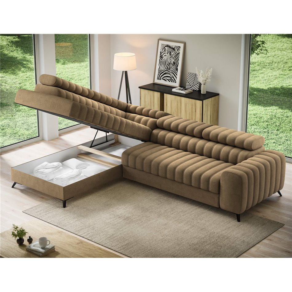 Угловой диван Elkanedo L, раздвижной, Nube 20, бархат, светло-коричневый, H86x269x204cm