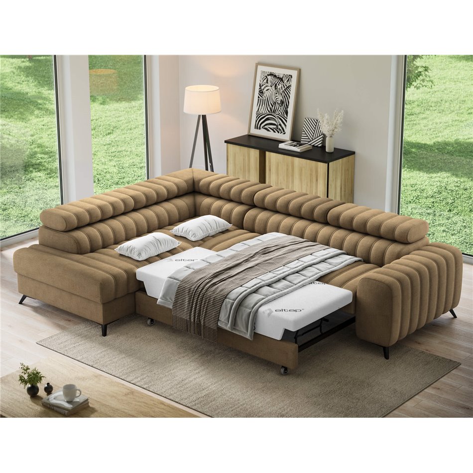 Угловой диван Elkanedo L, раздвижной, Nube 20, бархат, светло-коричневый, H86x269x204cm