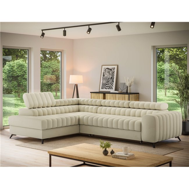 Угловой диван Elkanedo L, раздвижной, Monolith 04, бархат, бежевый, H86x269x204cm