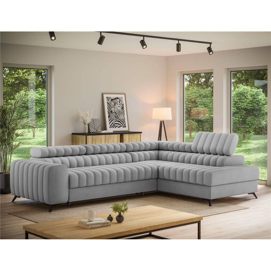 Угловой диван Elkanedo R, раздвижной, Nube 03, бархат, серый, H86x269x204cm