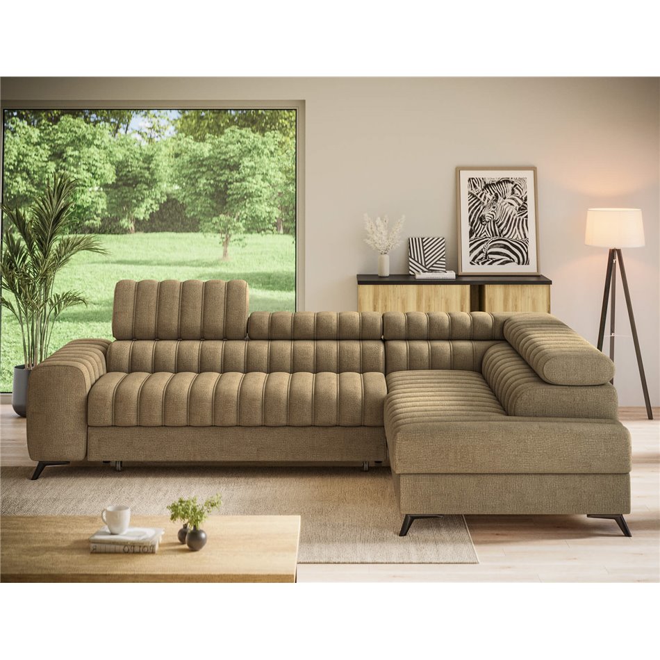 Угловой диван Elkanedo R, раздвижной, Nube 20, бархат, светло-коричневый, H86x269x204cm