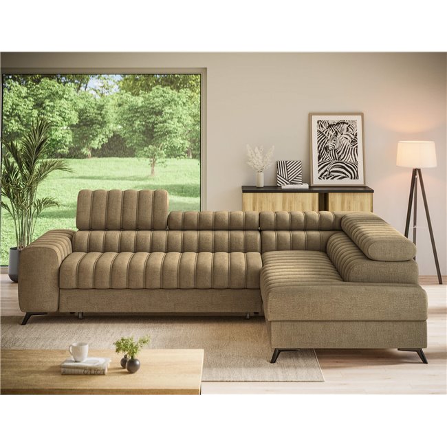 Угловой диван Elkanedo R, раздвижной, Nube 20, бархат, светло-коричневый, H86x269x204cm