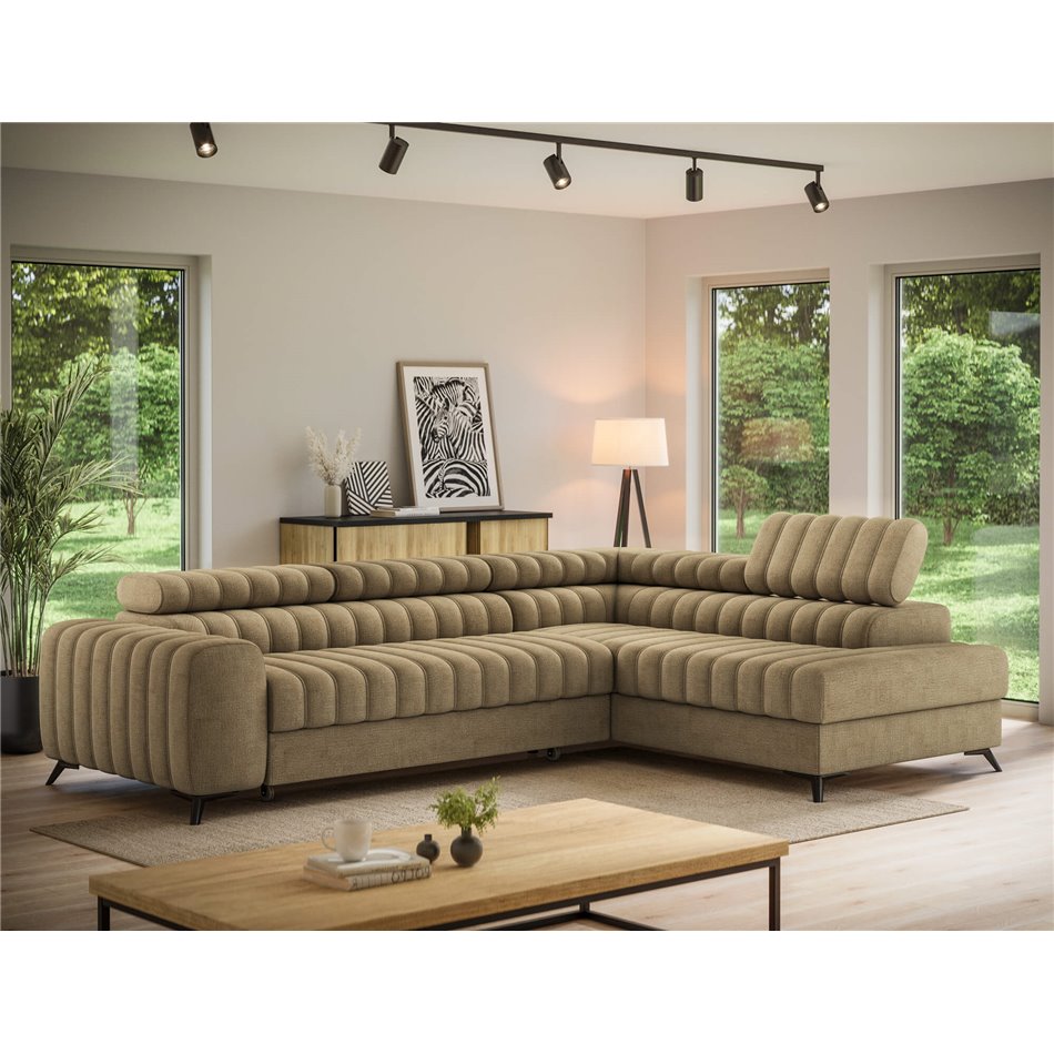 Угловой диван Elkanedo R, раздвижной, Nube 20, бархат, светло-коричневый, H86x269x204cm