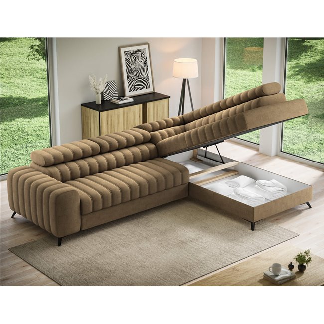 Угловой диван Elkanedo R, раздвижной, Nube 20, бархат, светло-коричневый, H86x269x204cm