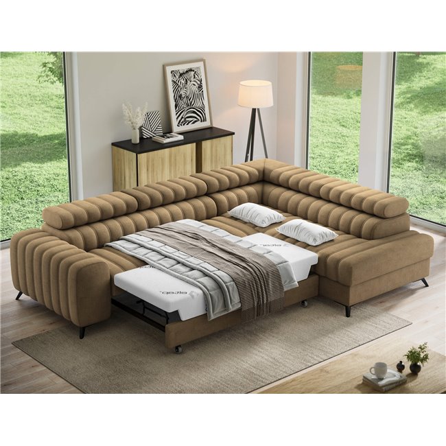Угловой диван Elkanedo R, раздвижной, Nube 20, бархат, светло-коричневый, H86x269x204cm