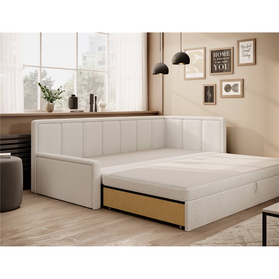 Sofa bed Elfulgeo R, sleeping function, Royal 01, boucle, white, H77x214x82cm