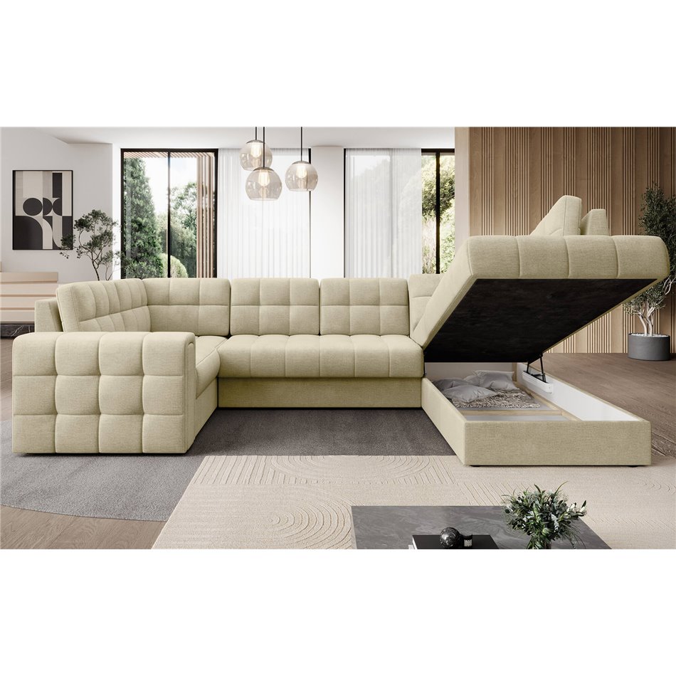 Corner sofa Elewett R, sleeping function, Monolith 04, velvet, beige, H82x299x198cm