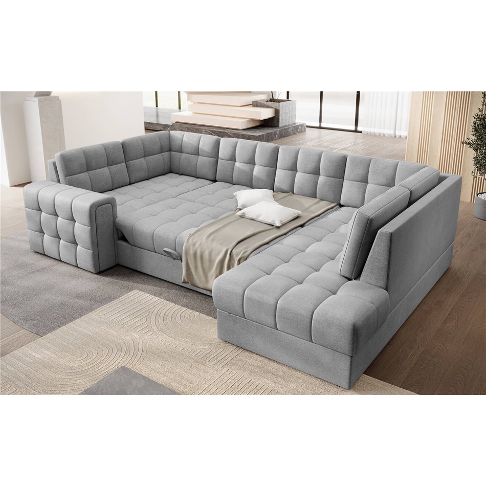 Corner sofa Elewett R, sleeping function, Monolith 85, velvet, grey, H82x299x198cm