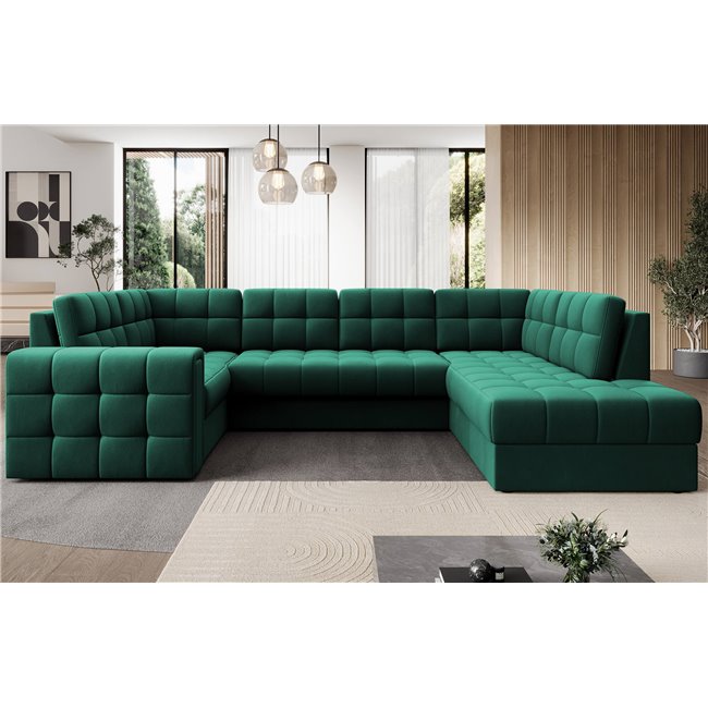 Corner sofa Elewett R, sleeping function, Lukso 35, velvet, green, H82x299x198cm