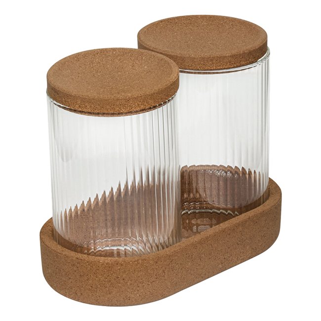LOT ORGANISER x2, glass, with cork wood pad and lids, H13.6x17.6x9.6cm
