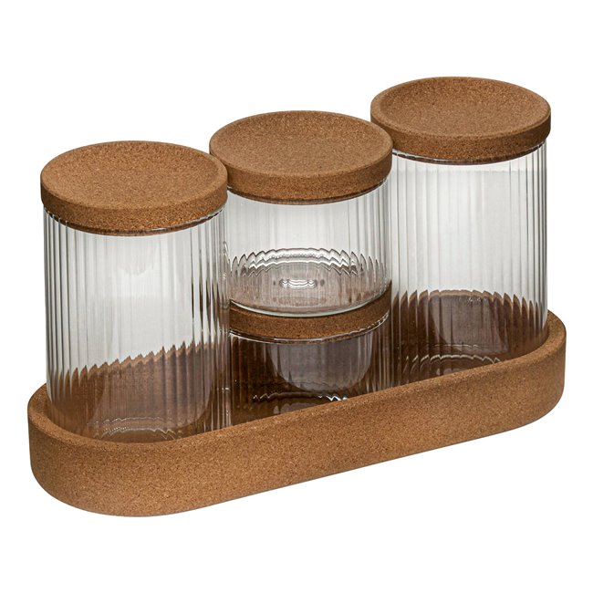 LOT ORGANISER x4 glass,with cork wood pad and lids, H26x14x9.7cm