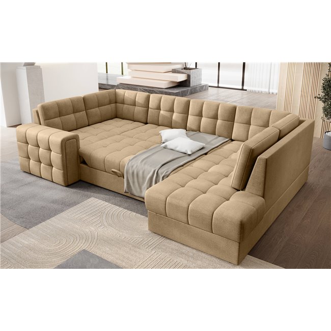 Corner sofa Elewett R, sleeping function, Monolith 09, velvet, light brown, H82x299x198cm