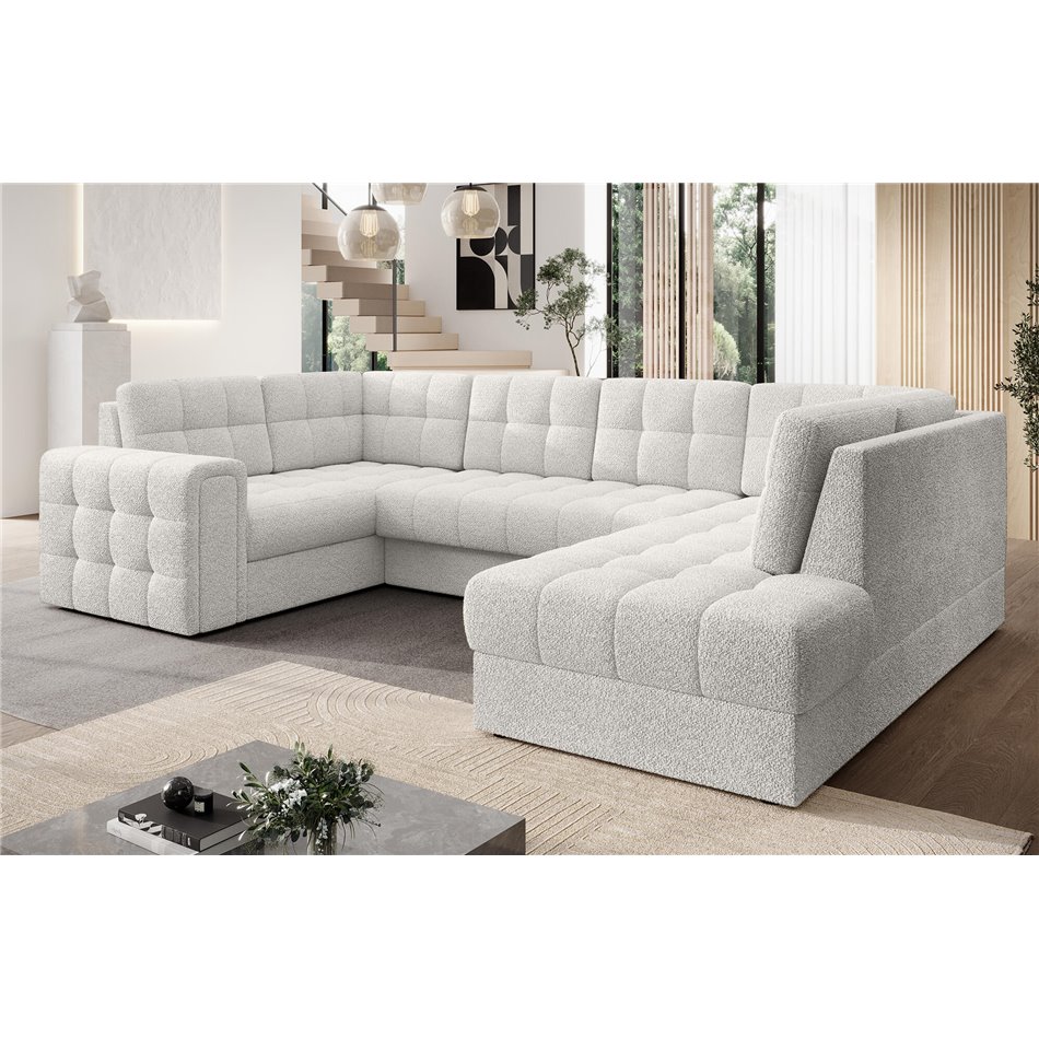 Corner sofa Elewett R, sleeping function, Royal 01, boucle, white, H82x299x198cm