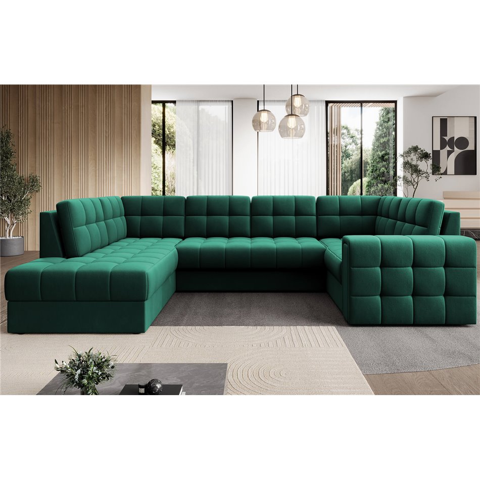 Corner sofa Elewett L, sleeping function, Lukso 35, velvet, green, H82x299x198cm