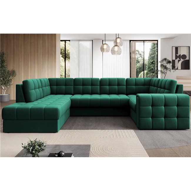 Corner sofa Elewett L, sleeping function, Lukso 35, velvet, green, H82x299x198cm