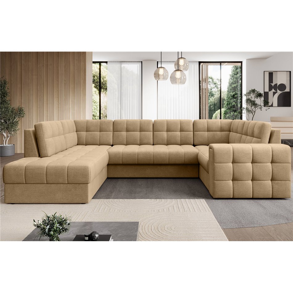 Corner sofa Elewett L, sleeping function, Monolith 09, velvet, light brown, H82x299x198cm