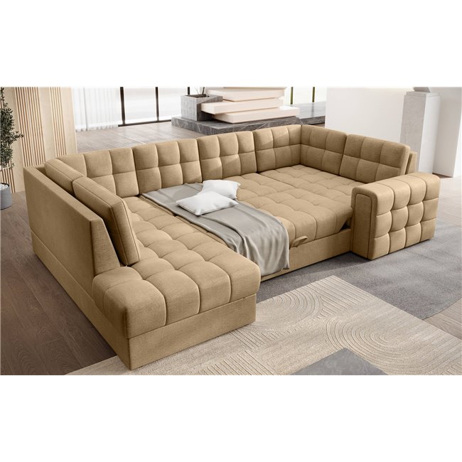 Corner sofa Elewett L, sleeping function, Monolith 09, velvet, light brown, H82x299x198cm