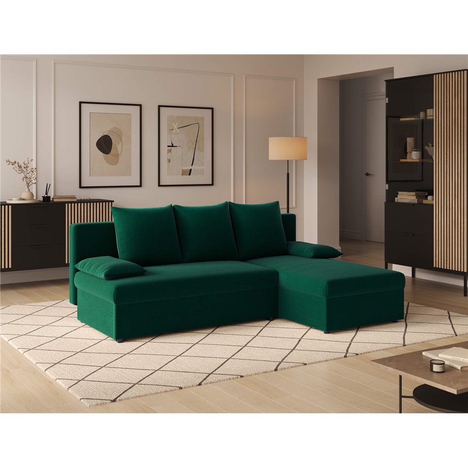 Угловой диван Elgino L/R Reversible, раздвижной, Nube 35, бархат, темно-зелёный, H90x201x143cm