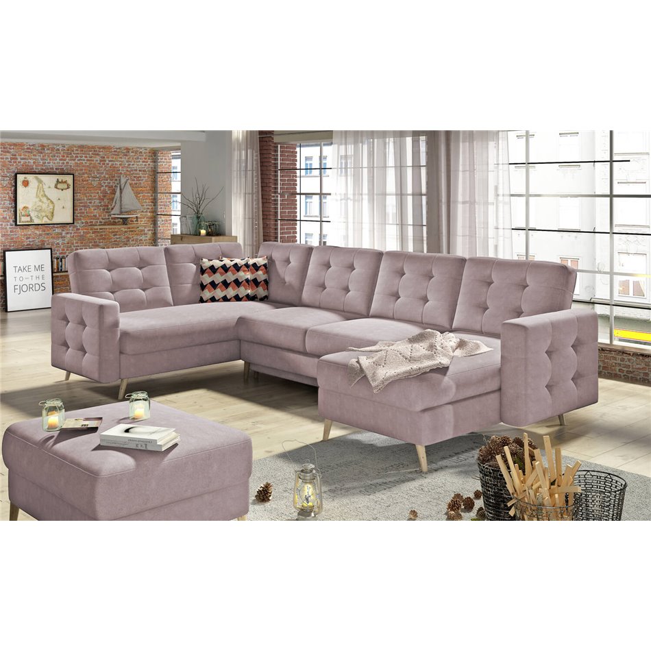 U-shaped sofa Elsgard U L/R Reversible, sleeping function, Soro 61, pink, H93x326x202cm