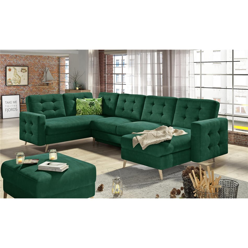 U-shaped sofa Elsgard U L/R Reversible, sleeping function, Kronos 19, velvet, dark green, H93x326x202cm