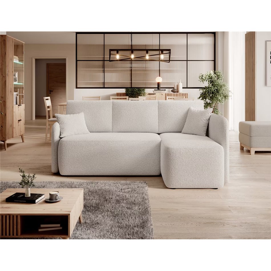 Corner sofa Elhadson R, sleeping function, Royal 01, boucle, white, H89x206x150cm