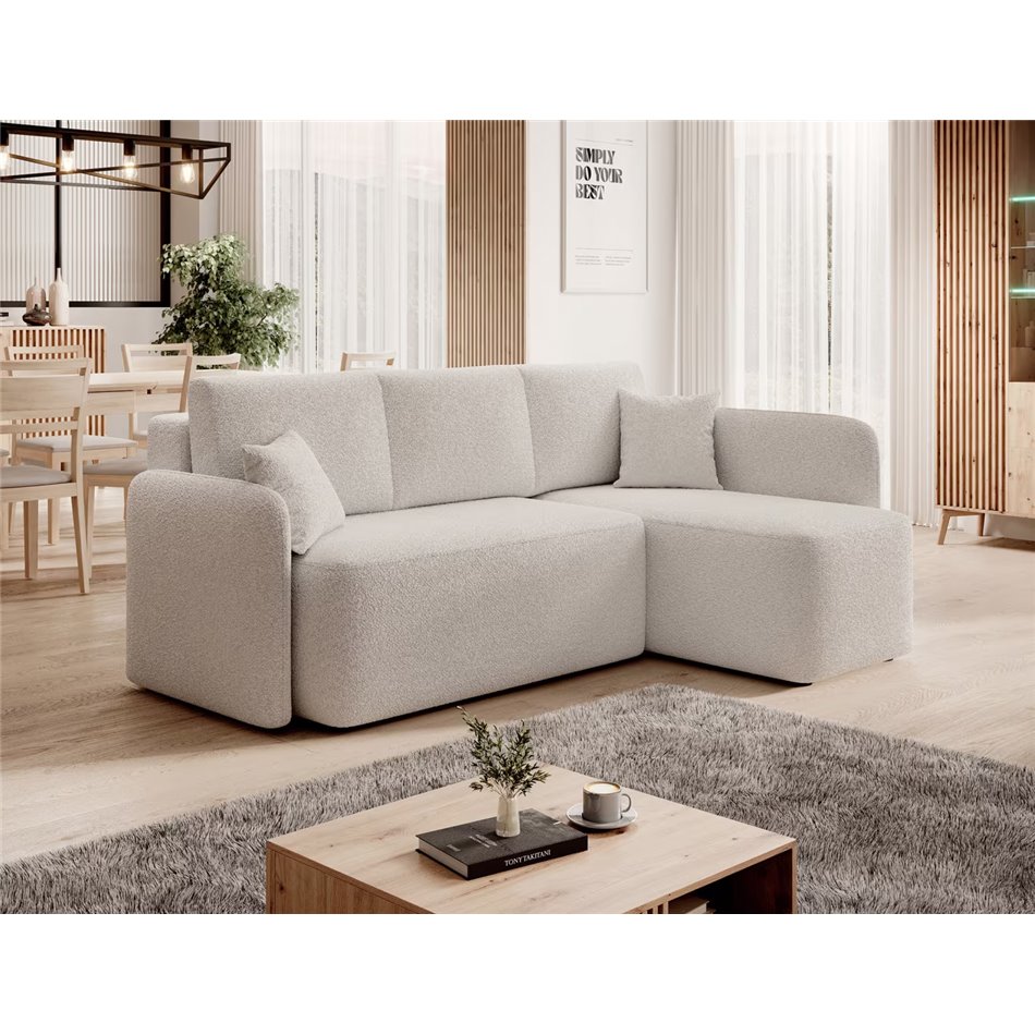 Corner sofa Elhadson R, sleeping function, Royal 01, boucle, white, H89x206x150cm