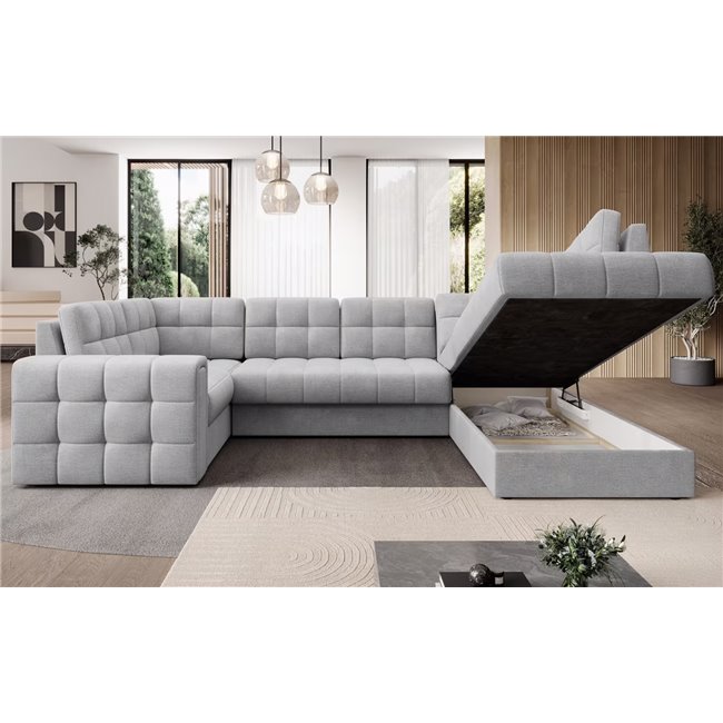 U-shaped sofa Elewett R, sleeping function, Monolith 84, velvet, grey, H82x299x198cm