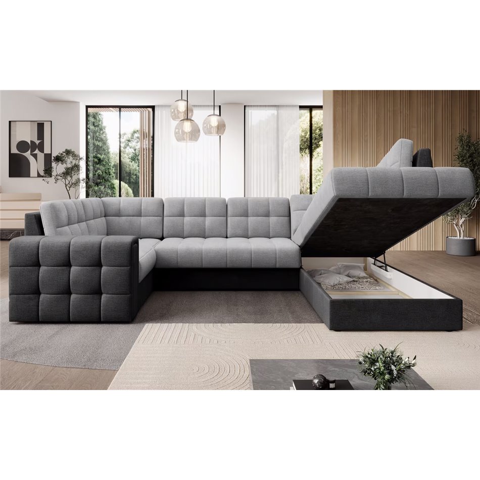 U-shaped sofa Elewett R, sleeping function, Monolith 84, Monolith 97, velvet, grey, H82x299x198cm