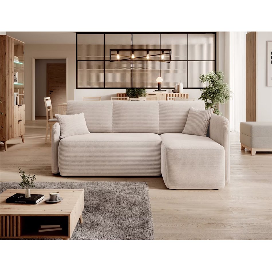 Corner sofa Elhadson R, sleeping function, Jarell 18, corduroy, beige, H89x206x150cm