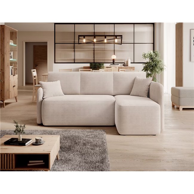 Corner sofa Elhadson R, sleeping function, Jarell 18, corduroy, beige, H89x206x150cm
