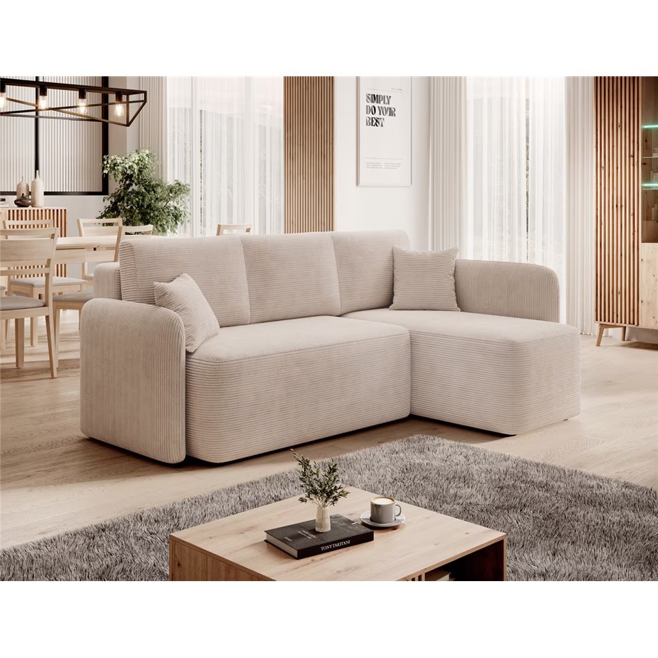 Corner sofa Elhadson R, sleeping function, Jarell 18, corduroy, beige, H89x206x150cm