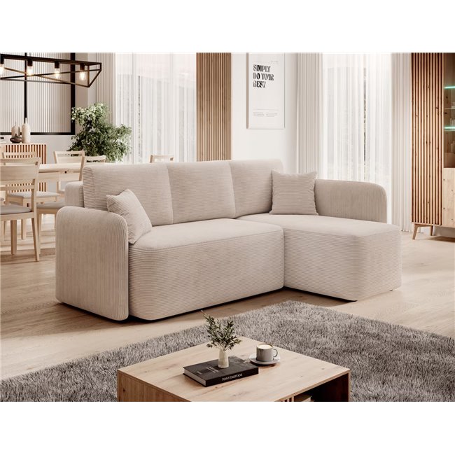 Corner sofa Elhadson R, sleeping function, Jarell 18, corduroy, beige, H89x206x150cm