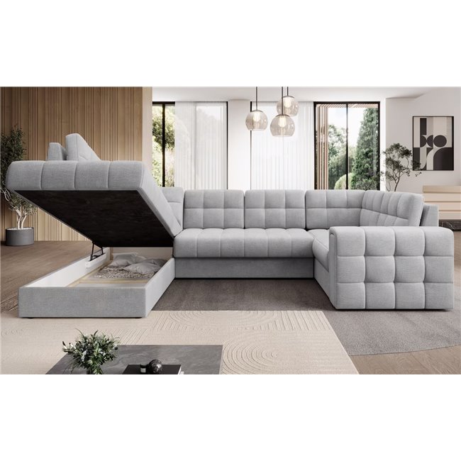 U-shaped sofa Elewett L, sleeping function, Monolith 84, velvet, grey, H82x299x198cm