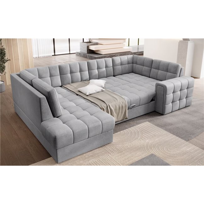 U-shaped sofa Elewett L, sleeping function, Monolith 85, velvet, grey, H82x299x198cm