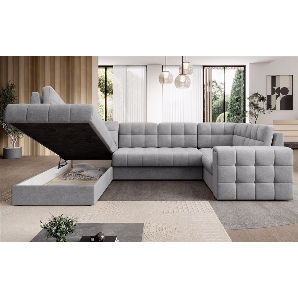 U-shaped sofa Elewett L, sleeping function, Monolith 85, velvet, grey, H82x299x198cm